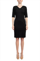 T Tahari Scalloped V-Neck 3/4 Sleeve Embroidery Zipper Back Solid Short Scuba Dress by Curated Brands