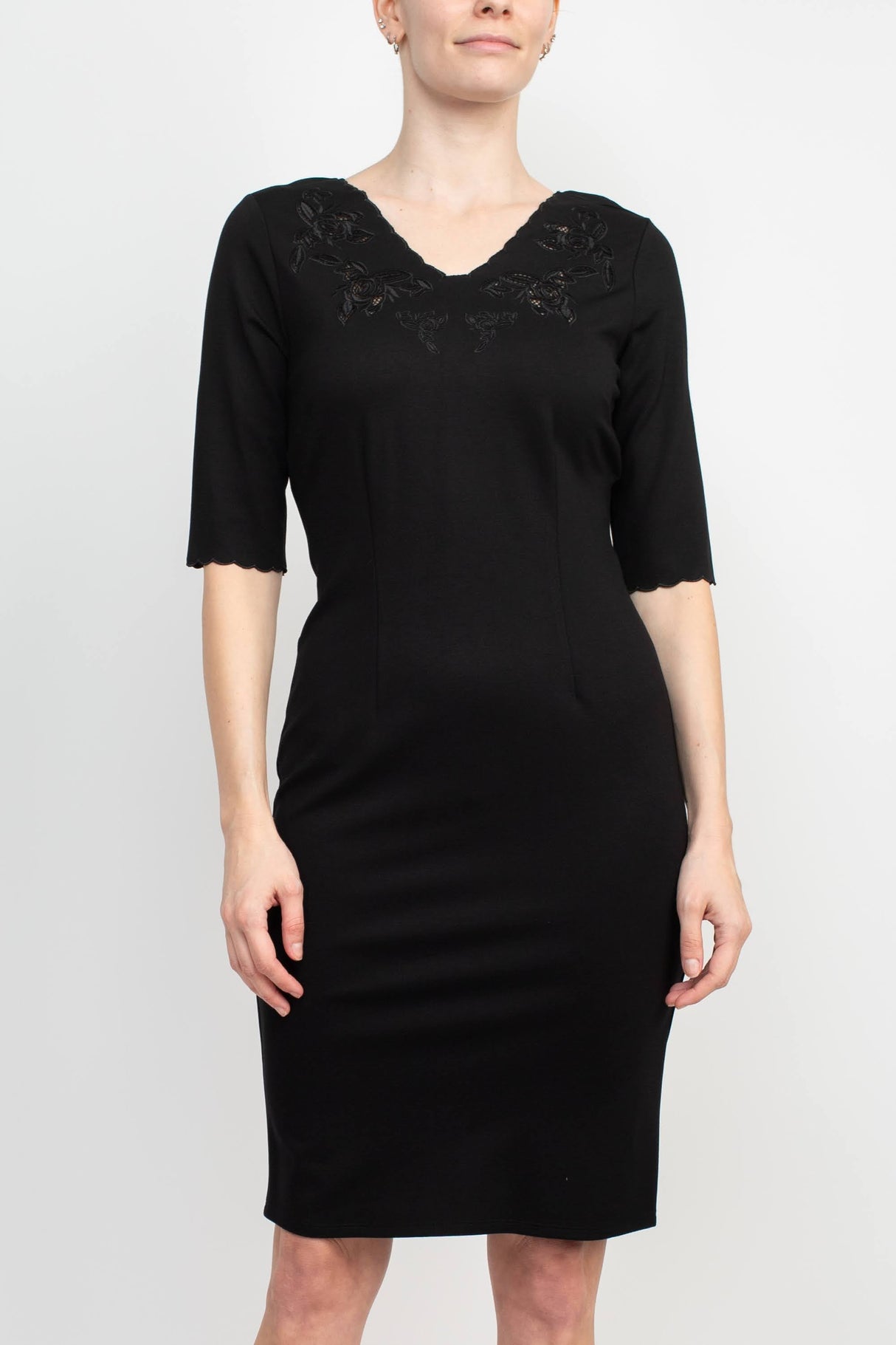 T Tahari Scalloped V-Neck 3/4 Sleeve Embroidery Zipper Back Solid Short Scuba Dress by Curated Brands