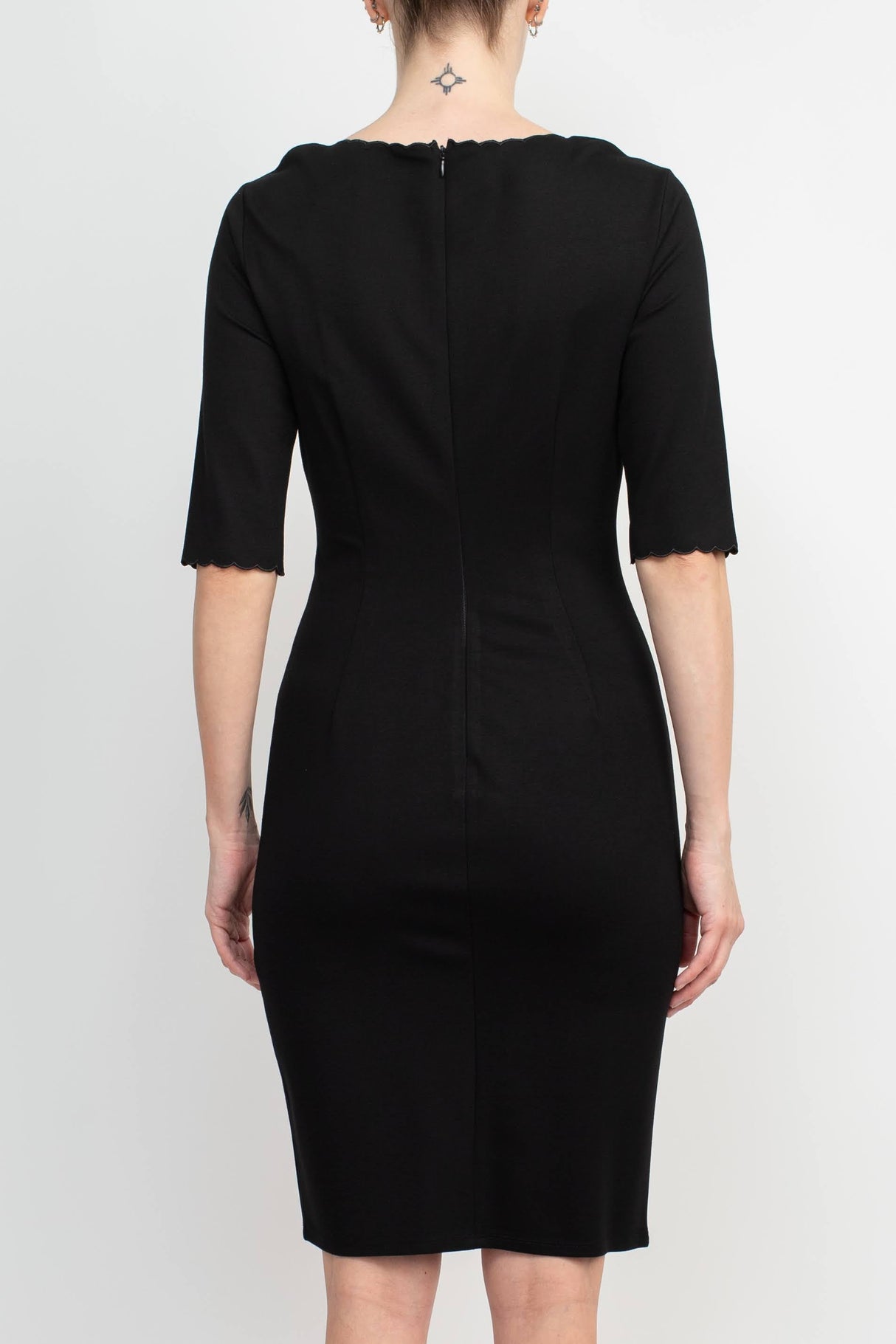 T Tahari Scalloped V-Neck 3/4 Sleeve Embroidery Zipper Back Solid Short Scuba Dress by Curated Brands