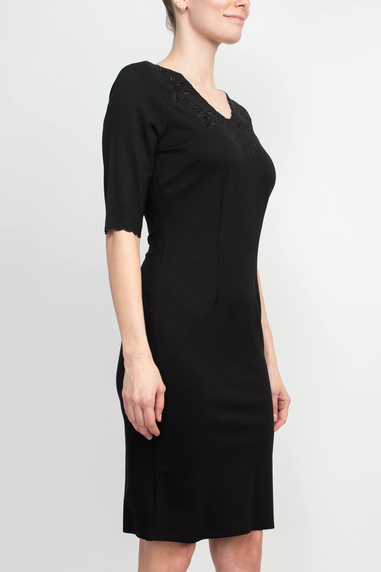 T Tahari Scalloped V-Neck 3/4 Sleeve Embroidery Zipper Back Solid Short Scuba Dress by Curated Brands