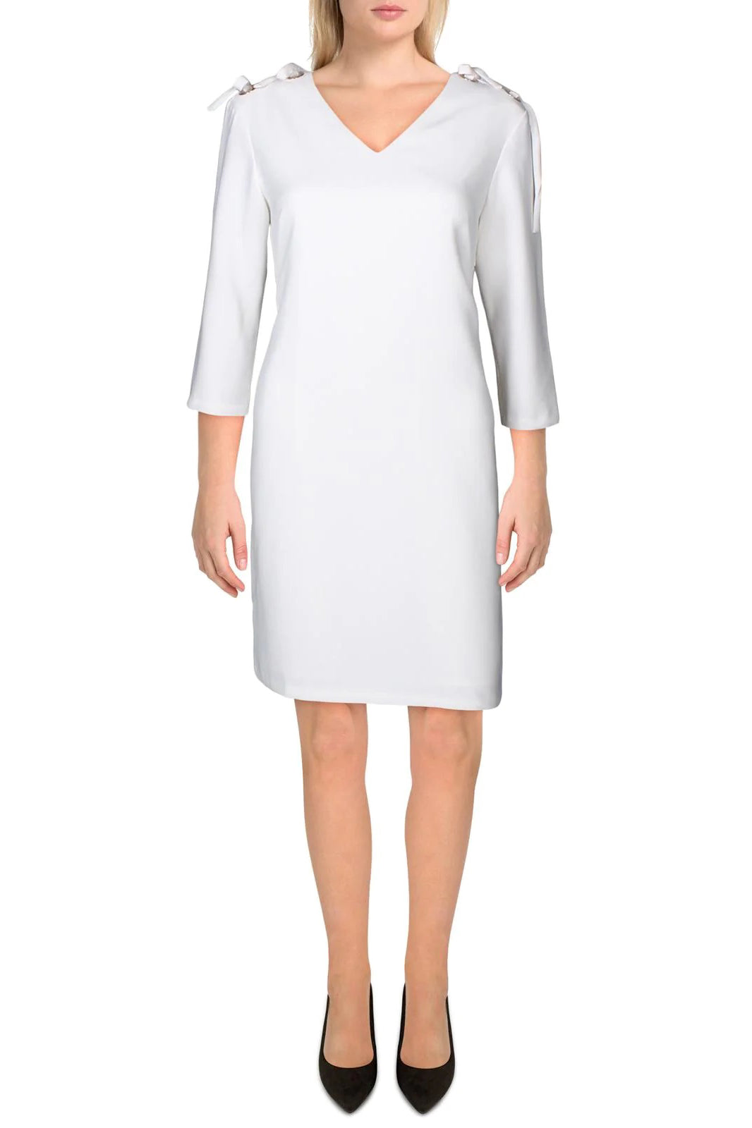 T Tahari V-Neck 3/4 Sleeve Ribbon Shoulder Solid Polyester Dress by Curated Brands