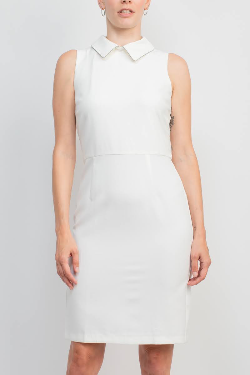 Final Sale Item: T Tahari Collared Sleeveless Tie Neck Bodycon Zipper Back Solid Crepe Dress by Curated Brands