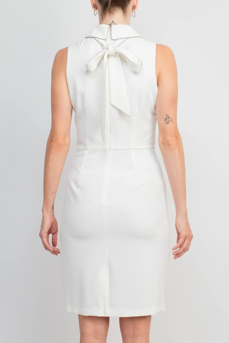 Final Sale Item: T Tahari Collared Sleeveless Tie Neck Bodycon Zipper Back Solid Crepe Dress by Curated Brands