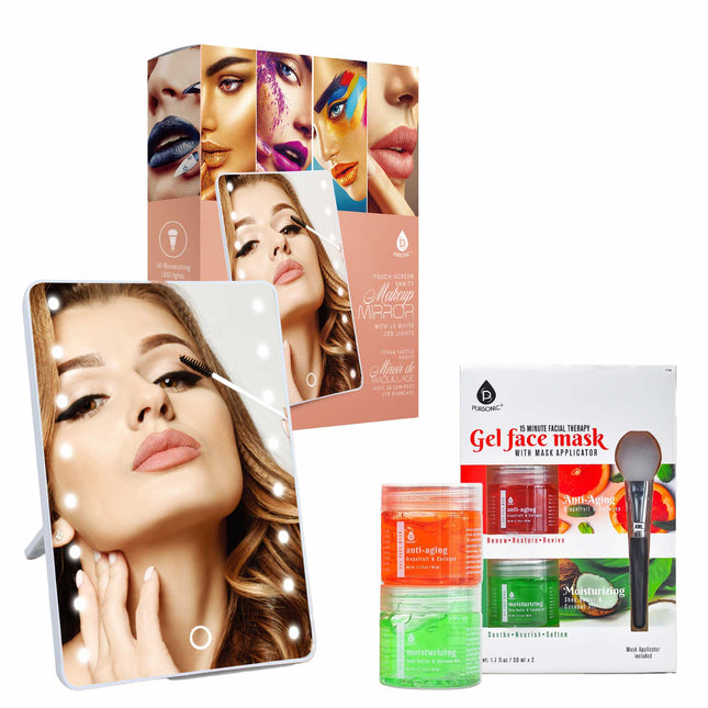 Pursonic Touchscreen LED Vanity Mirror and Luxurious Gel & Mud Face Mask Set by Pursonic