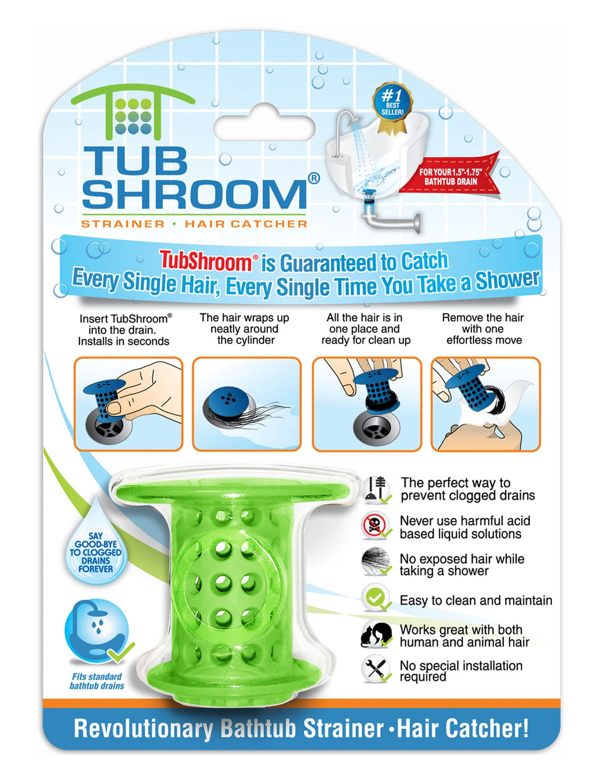 TubShroom (Green) The Hair Catcher That Prevents Clogged Tub Drains by TubShroom.com