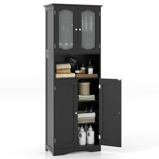 64.5 Inches Tall Bathroom Storage Cabinet with Frost Glass Doors and Shelves-Black