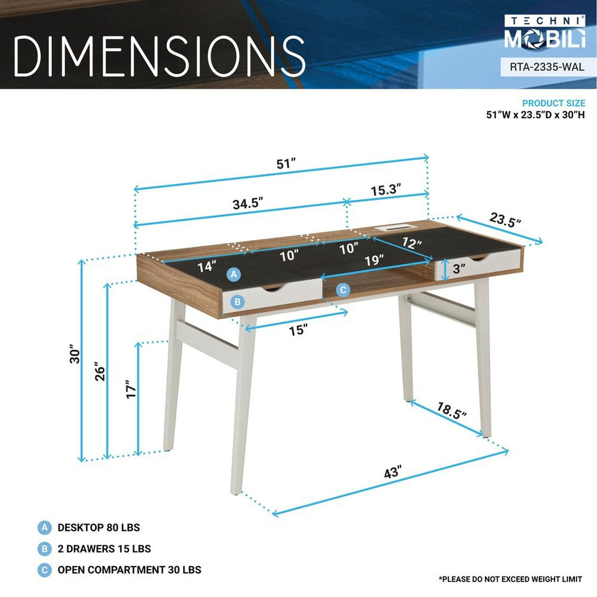 Techni Mobili Compact Computer Desk with Multiple Storage, Walnut by Level Up Desks