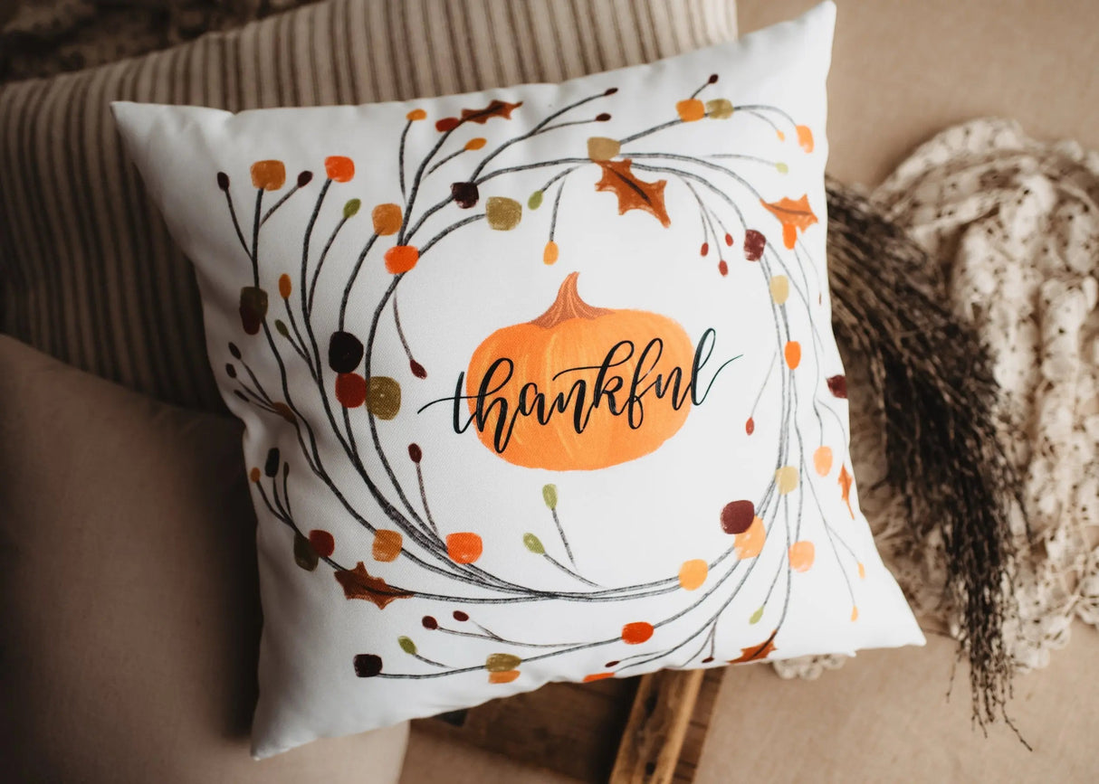 Thankful Primitive Pumpkin Wreath Pillow Cover |  Thanksgiving Décor | Farmhouse Pillows | Country Decor | Fall Throw Pillows | Gift for her by UniikPillows