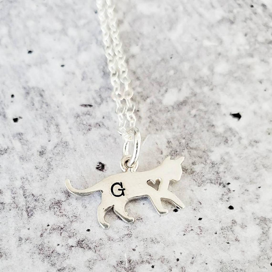 Tiny Cat Initial Pendant Silver Necklace by Salt and Sparkle