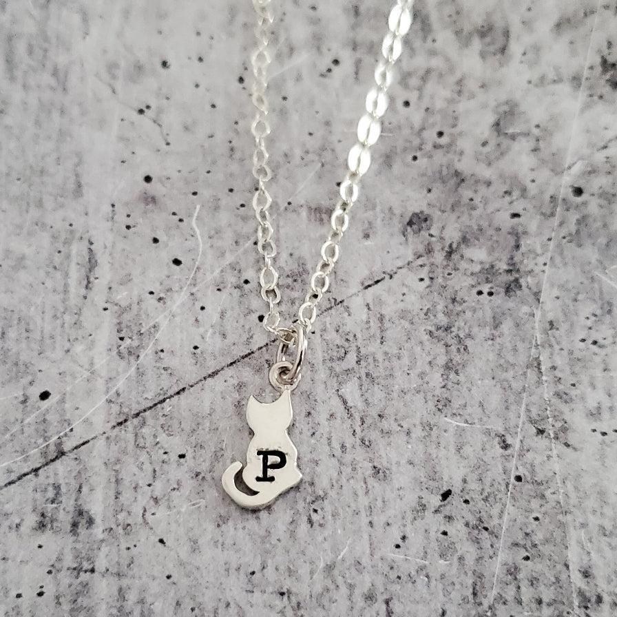 Tiny Cat Silver Initial Necklace by Salt and Sparkle