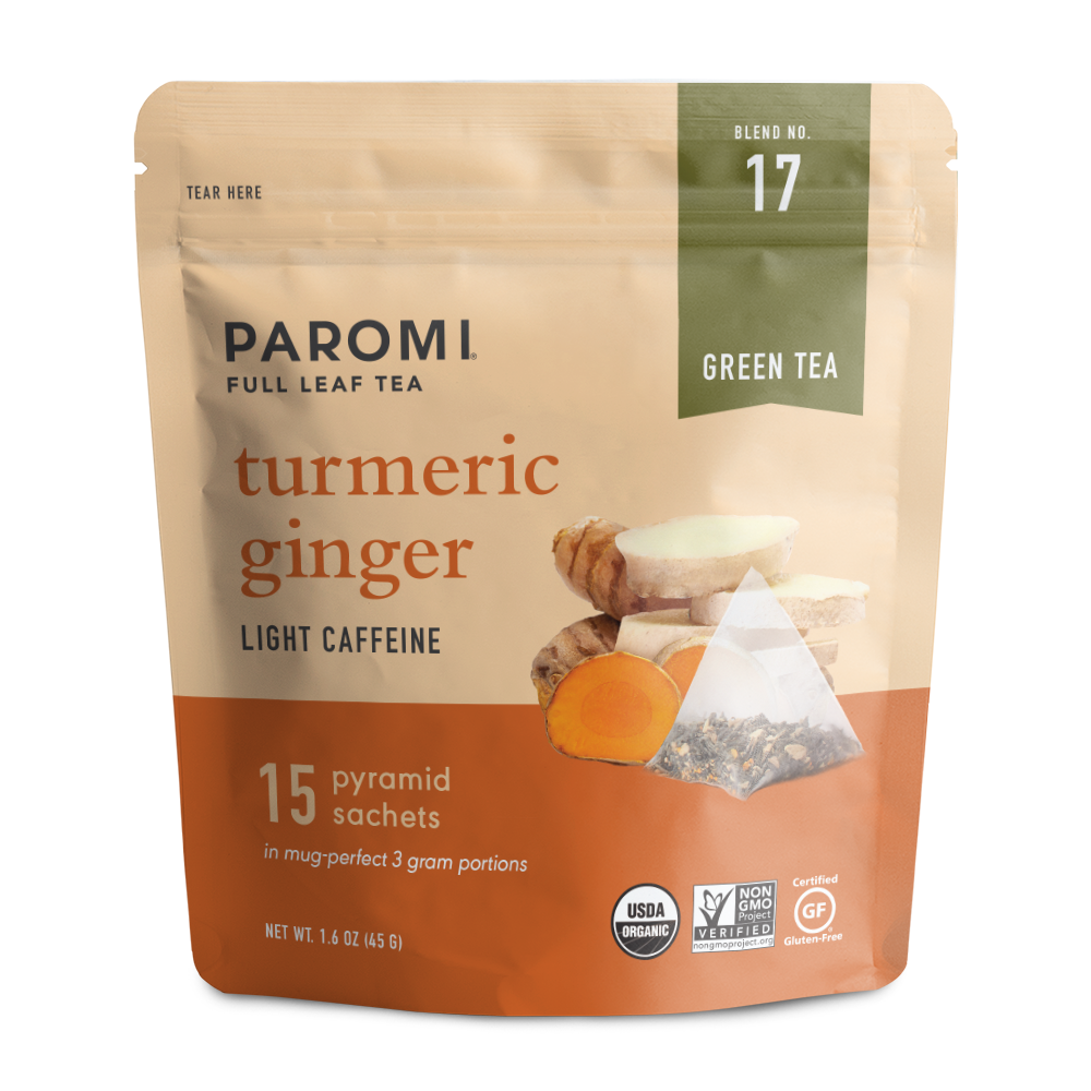 Organic Turmeric Ginger Green Tea, Full Leaf, in Pyramid Tea Bags by Paromi Tea