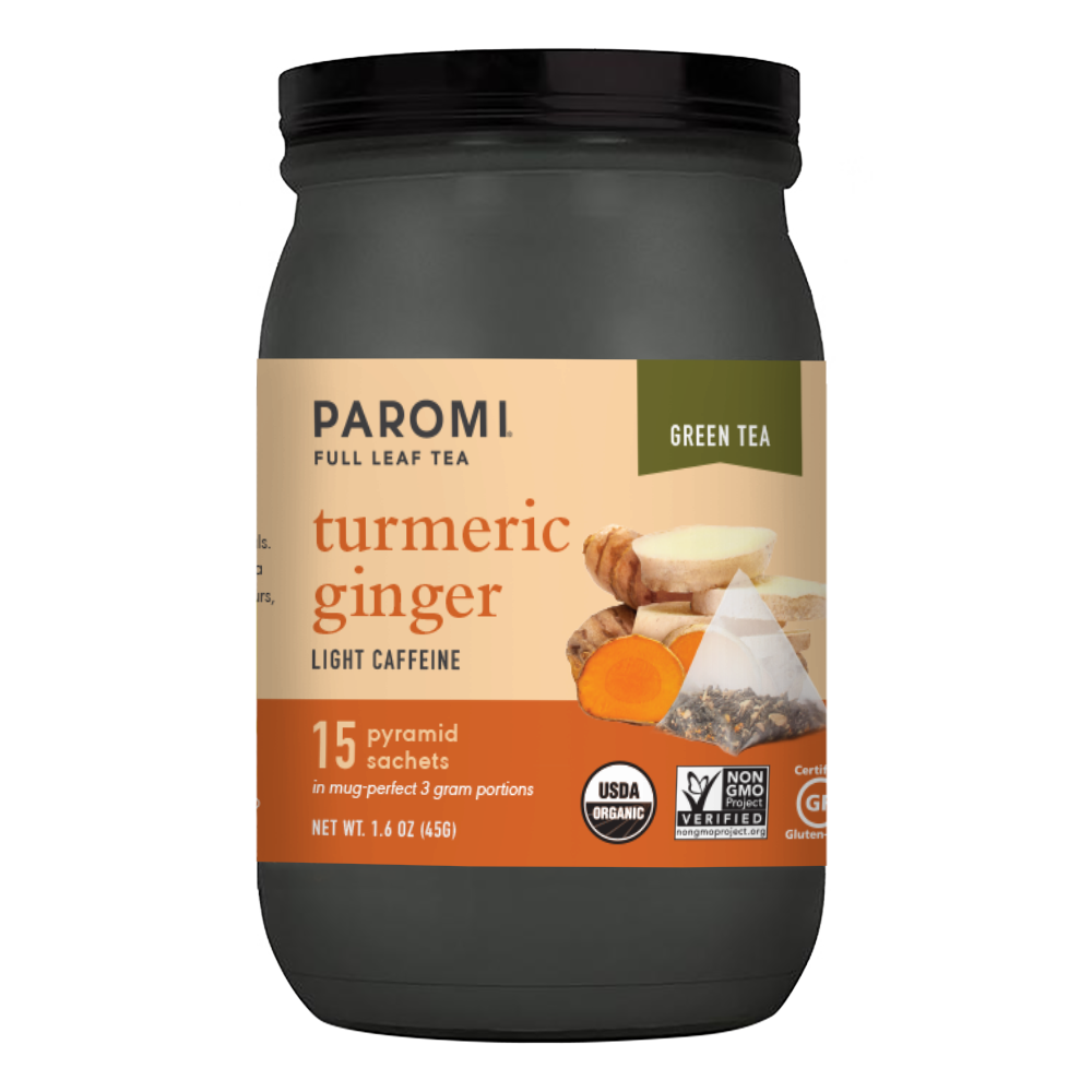 Organic Turmeric Ginger Green Tea, Full Leaf, in Pyramid Tea Bags by Paromi Tea