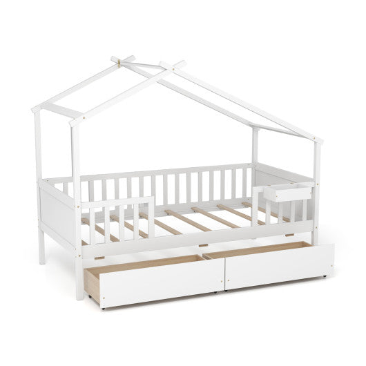 Twin House Bed with 2 Storage Drawers and Roof & Fence Rails-White