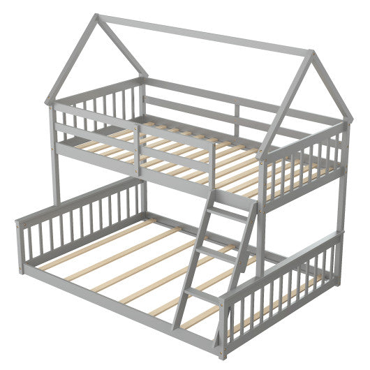 Twin Over Full House Bunk Bed with Ladder and Guardrails-Gray