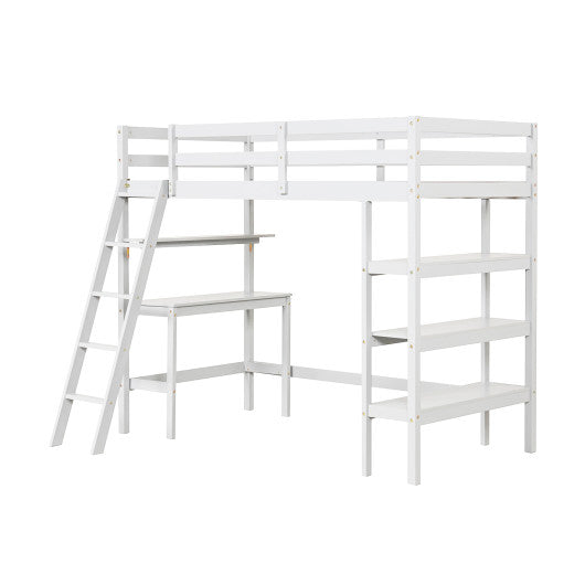 Twin Size Loft Bed with Desk and Bookshelves for Kids and Teens-White