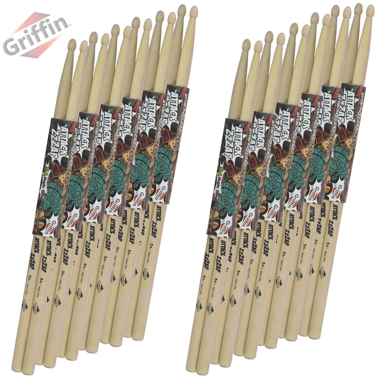 12 Pairs of Select Elite Maple Wood Drum Sticks by GRIFFIN Attack Zzzap - Size 5A Premium Balanced, Level and Straight - Drummers Percussion Classic Pure Grit Uncoated, Raw Wood Drumming Sticks by GeekStands.com