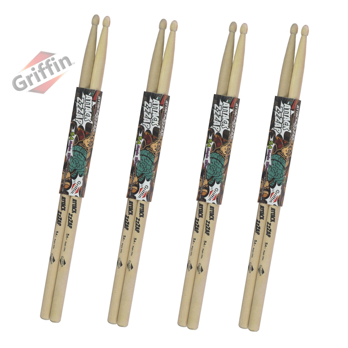 GRIFFIN Attack Zzzap Drum Sticks - 4 Pairs of Select Elite Maple Wood Size 5A - Premium Balanced, Level and Straight - Drummers Percussion Classic Pure Grit Uncoated, Raw Wood Drumming Sticks by GeekStands.com