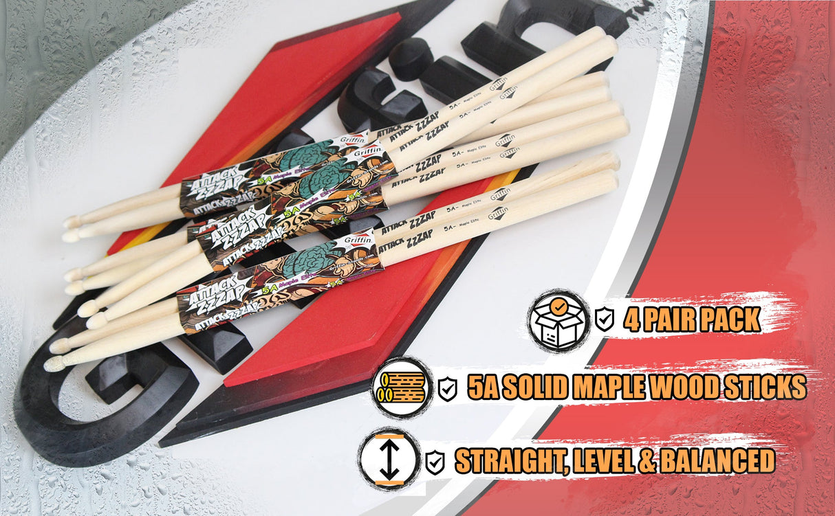 GRIFFIN Attack Zzzap Drum Sticks - 4 Pairs of Select Elite Maple Wood Size 5A - Premium Balanced, Level and Straight - Drummers Percussion Classic Pure Grit Uncoated, Raw Wood Drumming Sticks by GeekStands.com