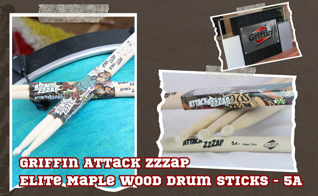 12 Pairs of Select Elite Maple Wood Drum Sticks by GRIFFIN Attack Zzzap - Size 5A Premium Balanced, Level and Straight - Drummers Percussion Classic Pure Grit Uncoated, Raw Wood Drumming Sticks by GeekStands.com