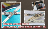 12 Pairs of Select Elite Maple Wood Drum Sticks by GRIFFIN Attack Zzzap - Size 5A Premium Balanced, Level and Straight - Drummers Percussion Classic Pure Grit Uncoated, Raw Wood Drumming Sticks by GeekStands.com