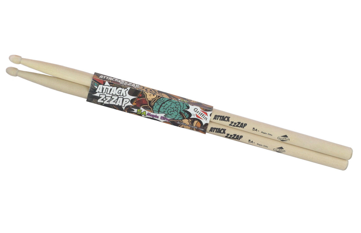 GRIFFIN Attack Zzzap Drum Sticks - 4 Pairs of Select Elite Maple Wood Size 5A - Premium Balanced, Level and Straight - Drummers Percussion Classic Pure Grit Uncoated, Raw Wood Drumming Sticks by GeekStands.com