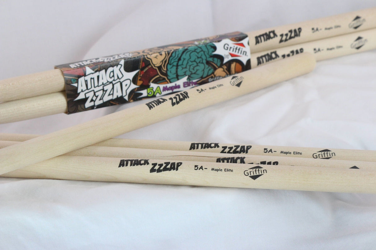 12 Pairs of Select Elite Maple Wood Drum Sticks by GRIFFIN Attack Zzzap - Size 5A Premium Balanced, Level and Straight - Drummers Percussion Classic Pure Grit Uncoated, Raw Wood Drumming Sticks by GeekStands.com