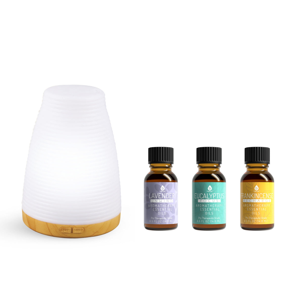 Pursonic Aromatherapy 2 in 1 USB Diffuser & Essential Oil Set-Ultrasonic Top 3 Oils-300ml with 2 Mist Settings 7 Ambient Light Settings by Pursonic