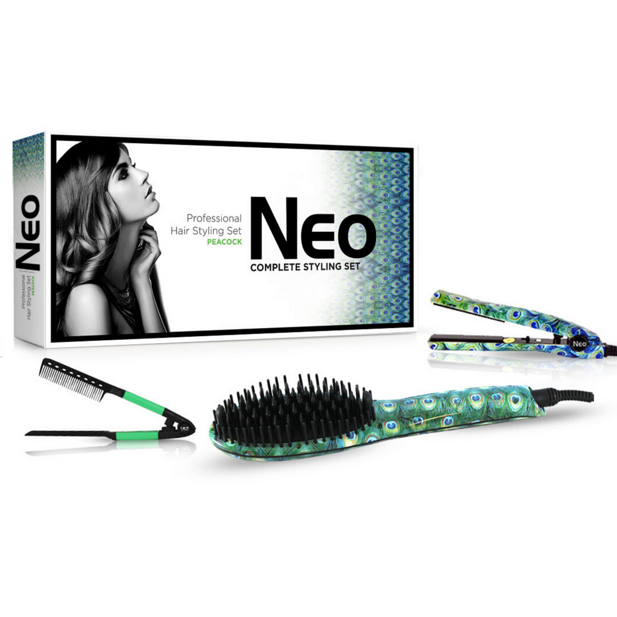 The Heated Brush Set - Heated Straightening Brush w/ 0.5" Mini Flat Iron & EZ Comb - Peacock