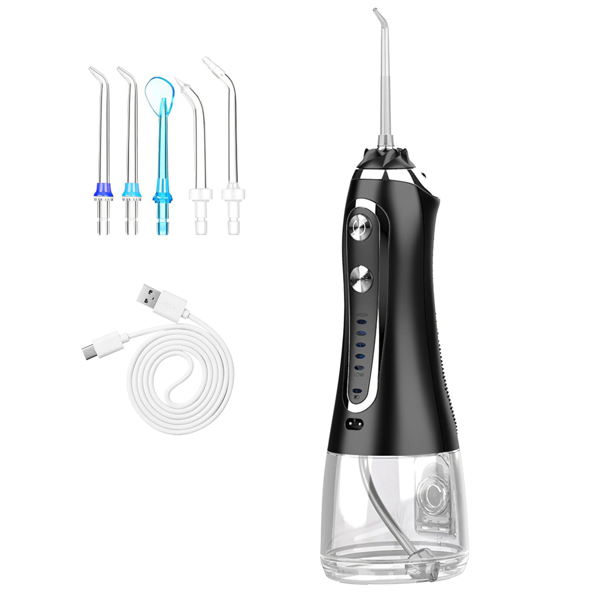 Cordless Rechargeable Water Dental Flosser - 5 Modes, 5 Nozzles, IPX7, 10.14oz Tank - Black