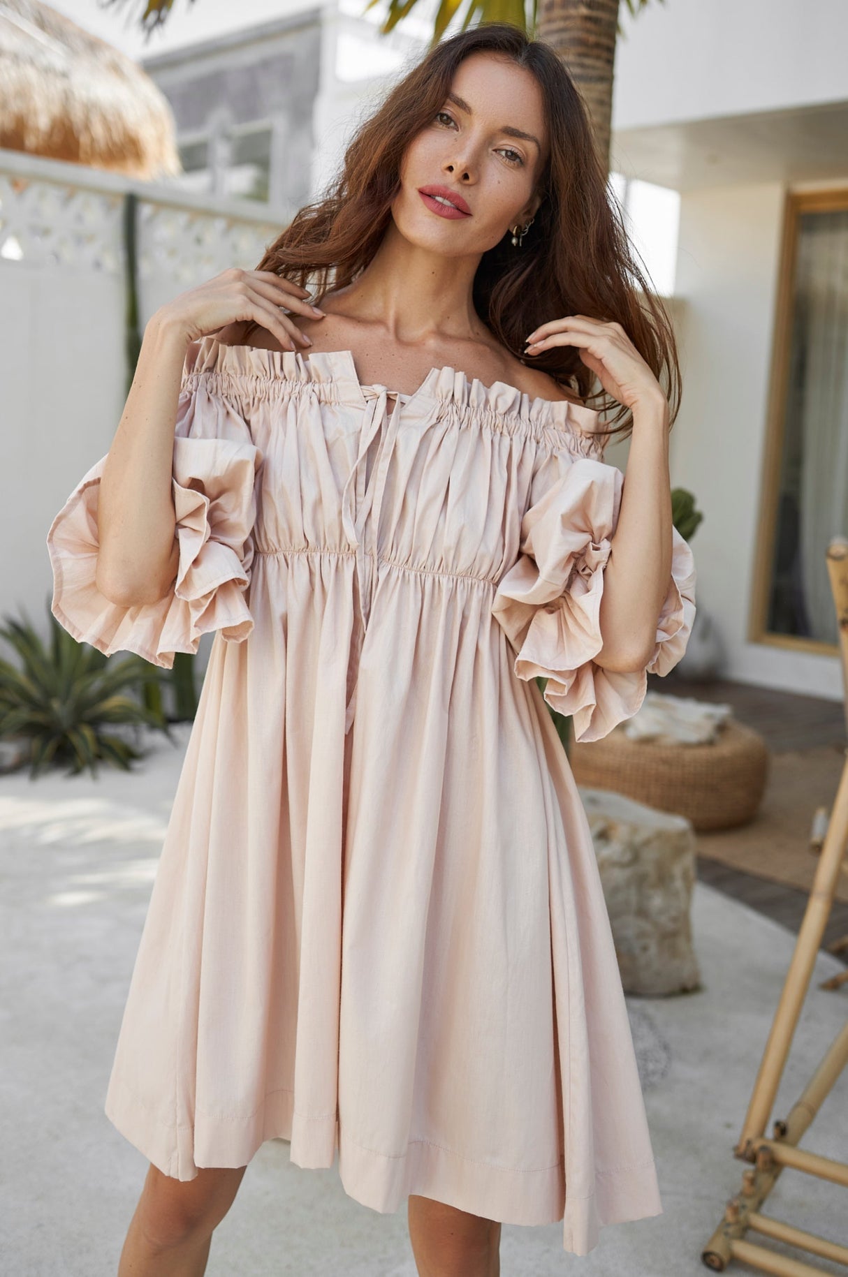 Vacay Off Shoulder Cotton Mini Dress by ELF