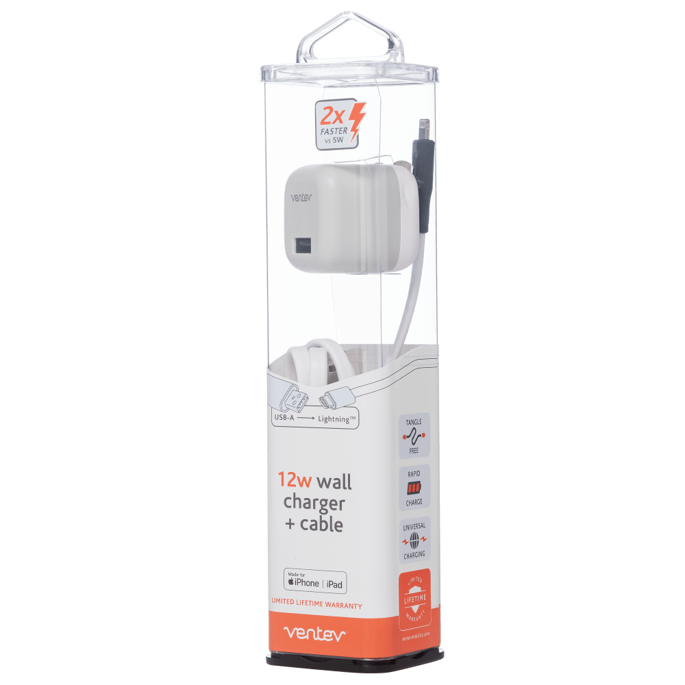 Ventev 12W USB A Wall Charger and USB A to Apple Lightning Cable 3.3ft White by Ventev