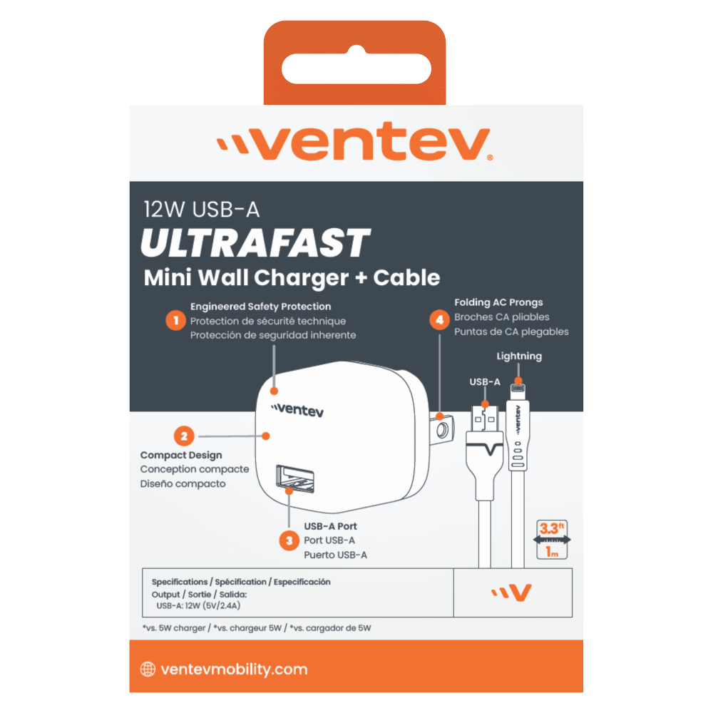 Ventev 12W USB A Wall Charger and USB A to Apple Lightning Cable 3.3ft Gray by Ventev