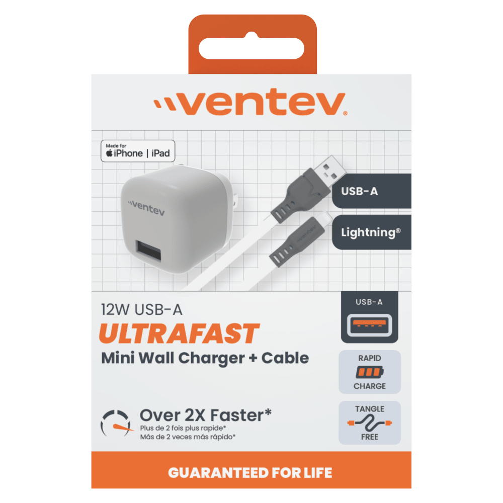 Ventev 12W USB A Wall Charger and USB A to Apple Lightning Cable 3.3ft Gray by Ventev