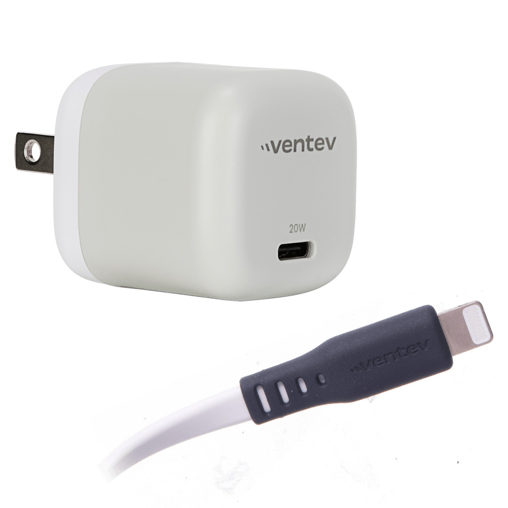 Ventev 20W PD USB C Mini Wall Charger and USB C to Apple Lightning Cable 3.3ft White by Ventev