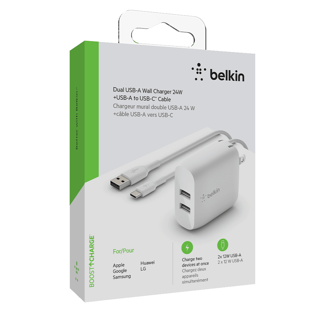 Belkin Dual Port USB A 24W Wall Charger with USB A to USB C Cable 3ft by Belkin