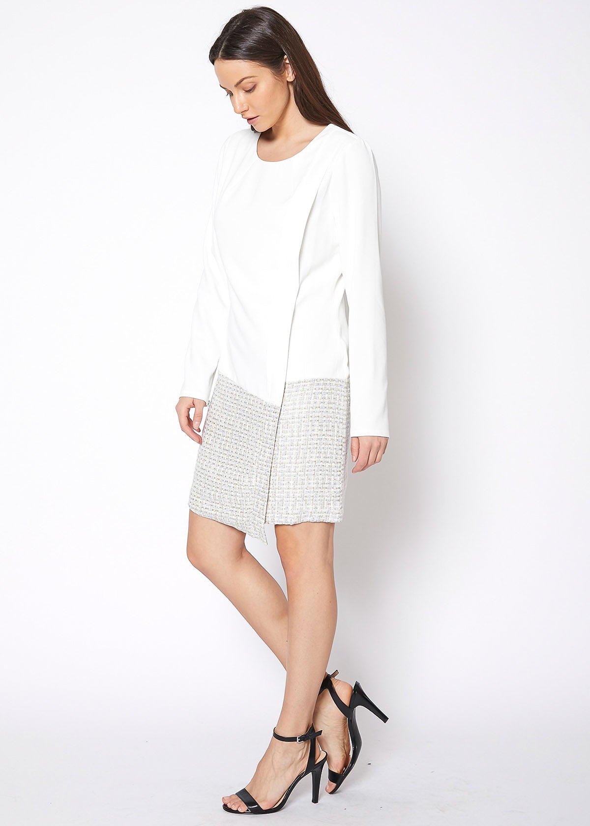 Tweed Hem Faux Wrap Dress In Ivory by Shop at Konus