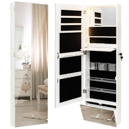 Wall Mounted Jewelry Armoire Organizer with Full-Length Frameless Mirror-White