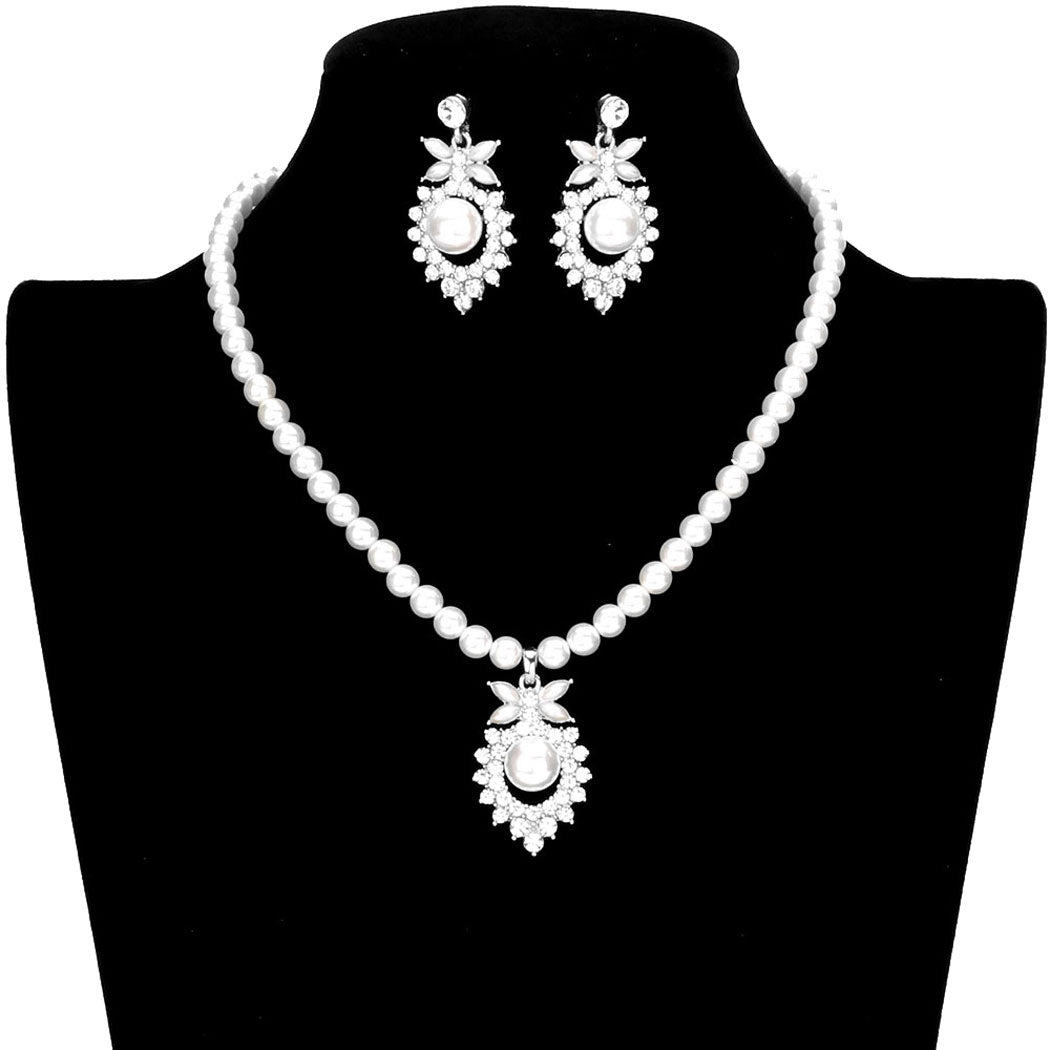 Pearl Centered Rhinestone Embellished Metal Jewelry Set by Madeline Love