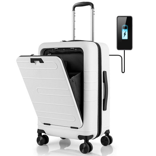 20 Inch Carry-on Luggage PC Hardside Suitcase TSA Lock with Front Pocket and USB Port-White