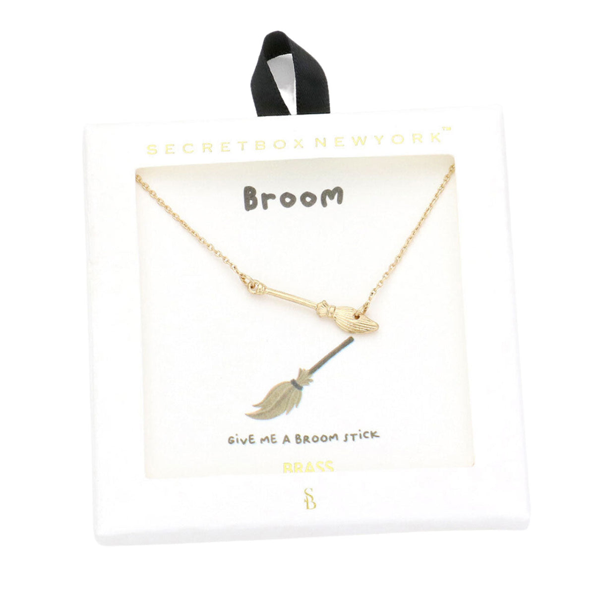 Secret Box Brass Metal Broom Pendant Necklace by Madeline Love