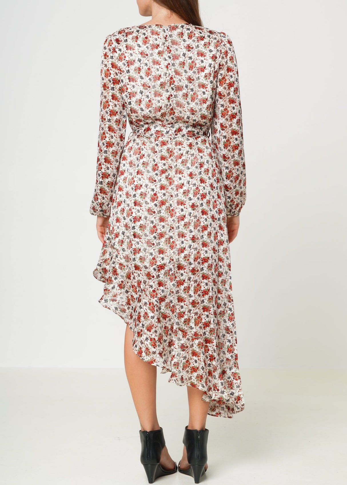 Floral Asymmetrical Ruffle Hem Wrap Dress In Victoria Garden by Shop at Konus