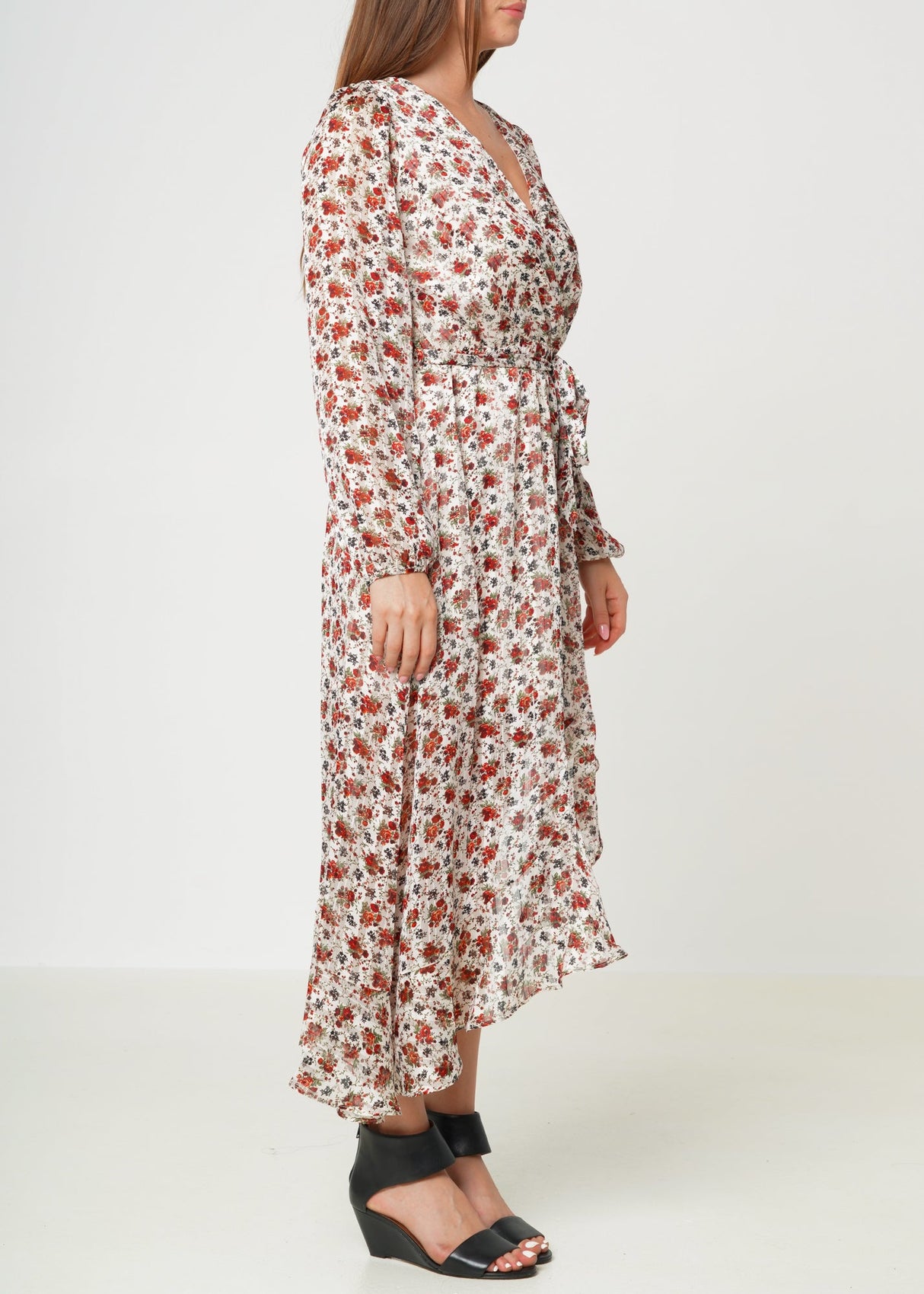 Floral Asymmetrical Ruffle Hem Wrap Dress In Victoria Garden by Shop at Konus