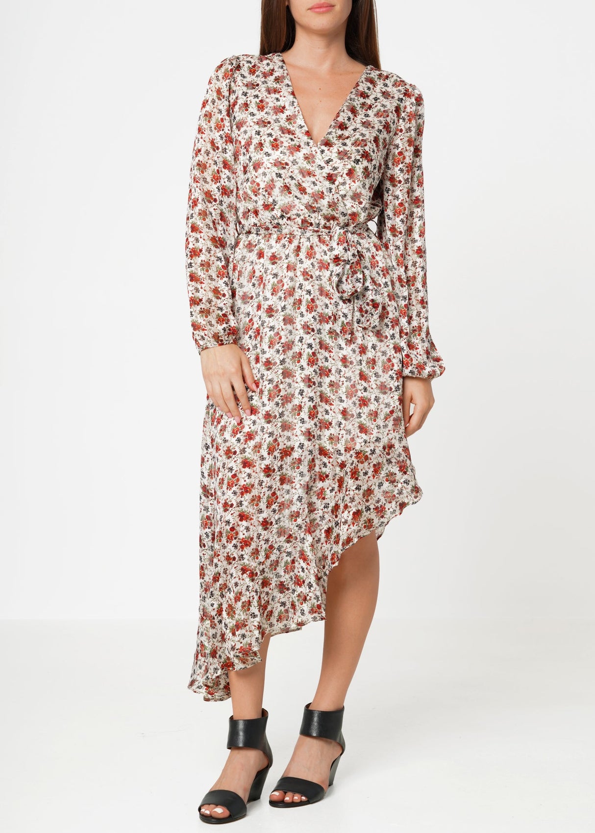 Floral Asymmetrical Ruffle Hem Wrap Dress In Victoria Garden by Shop at Konus