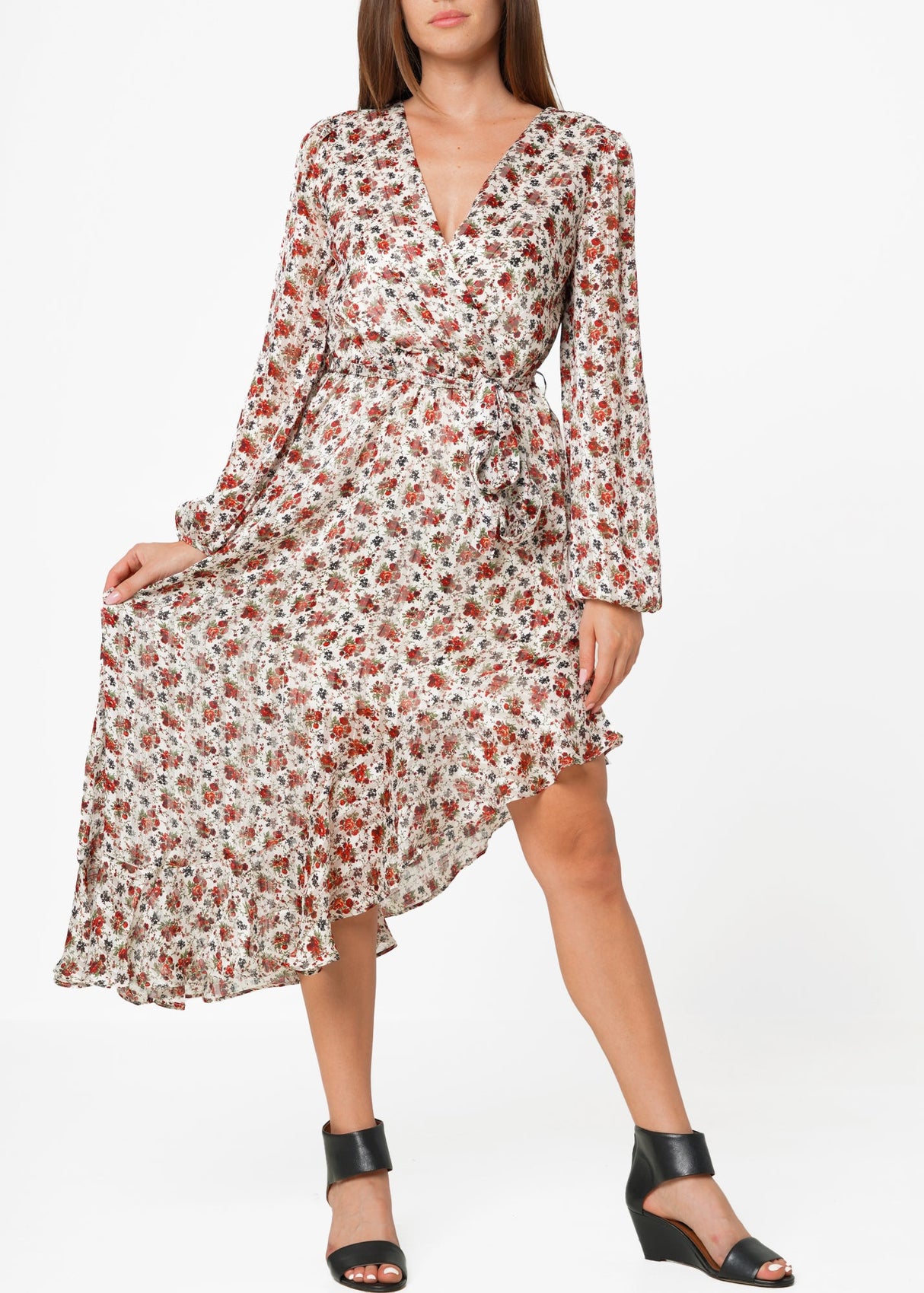 Floral Asymmetrical Ruffle Hem Wrap Dress In Victoria Garden by Shop at Konus