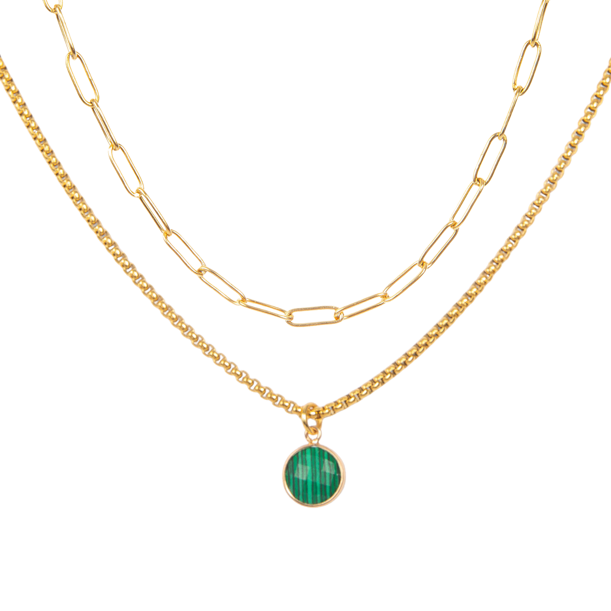 Paperclip Chain & Malachite Classic Gold Stone Pendant Necklace Set - Paperclip Chain & Malachite by ETHICGOODS