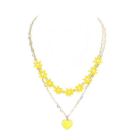 Enamel Heart Pendant Flower Link Double Layered Necklace by Madeline Love