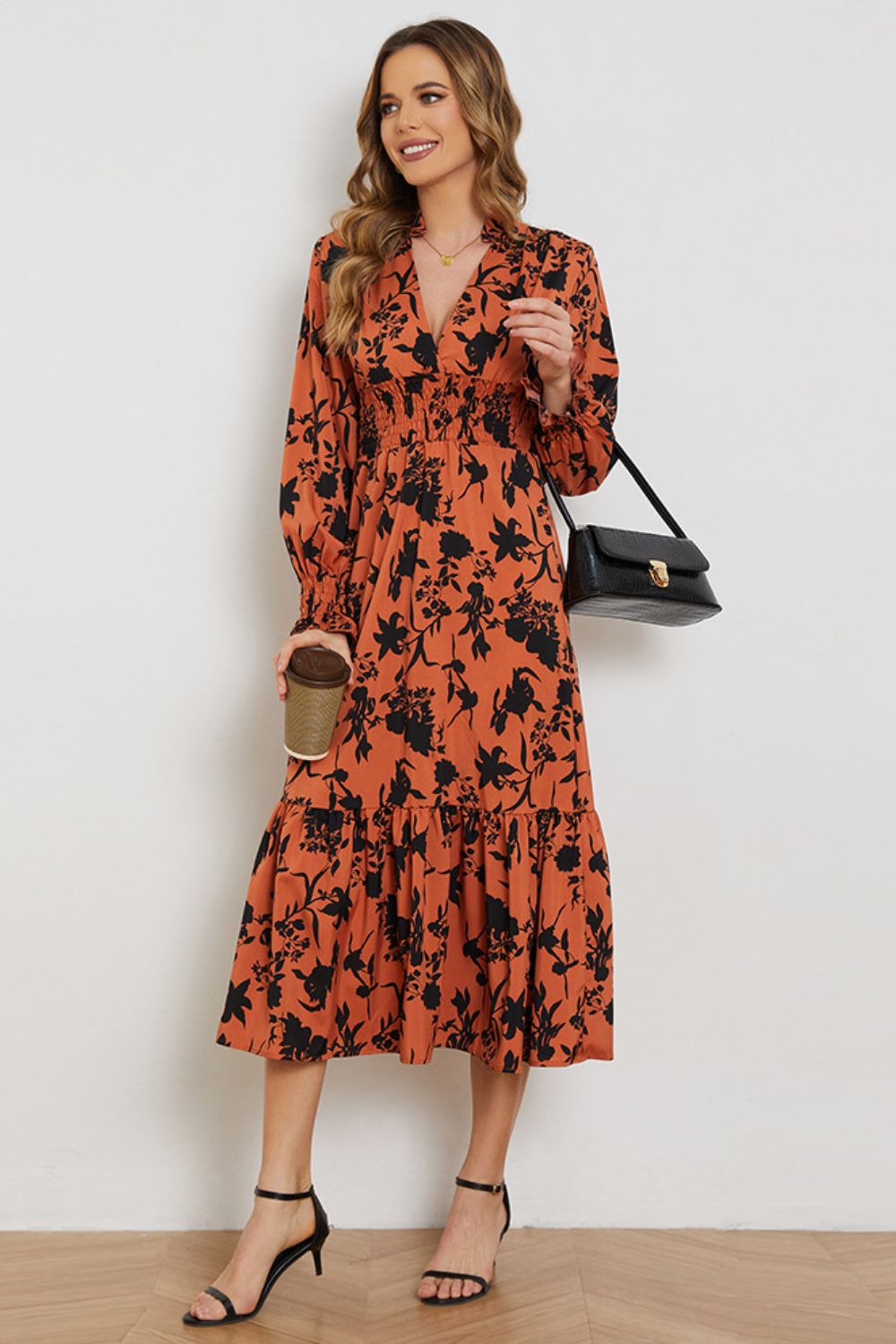 Floral Smocked Long Flounce Sleeve Dress by Faz