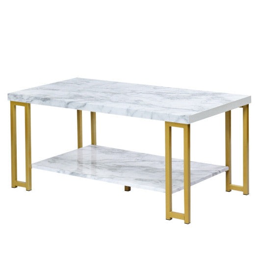 2-Tier Rectangular Modern Coffee Table with Gold Print Metal Frame