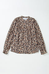 Light French Beige Leopard Print Balloon Sleeve Loose Blouse