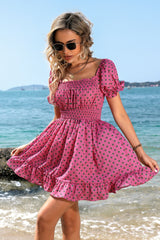 Polka Dot Square Neck Smocked Waist Dress by Faz